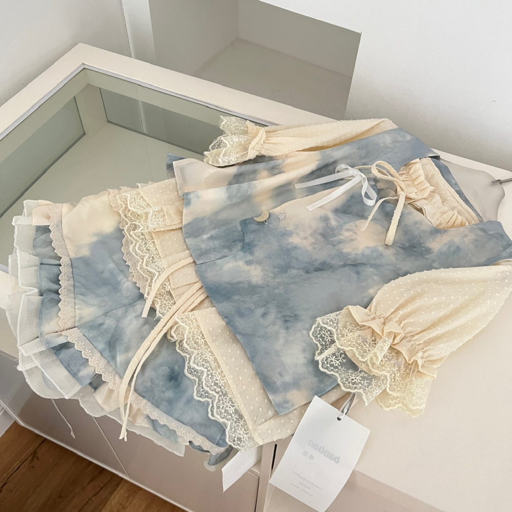 Chinese style lace waistcoat splice culottes 3pcs set for women