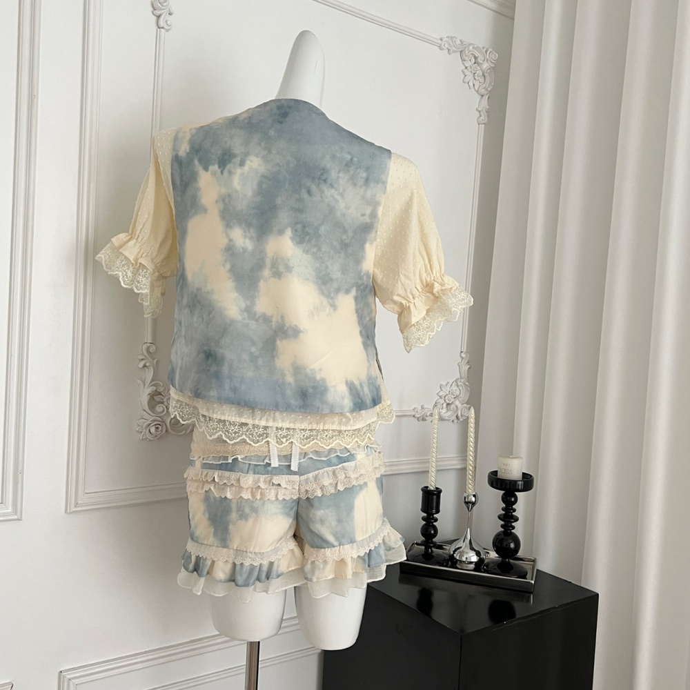 Chinese style lace waistcoat splice culottes 3pcs set for women