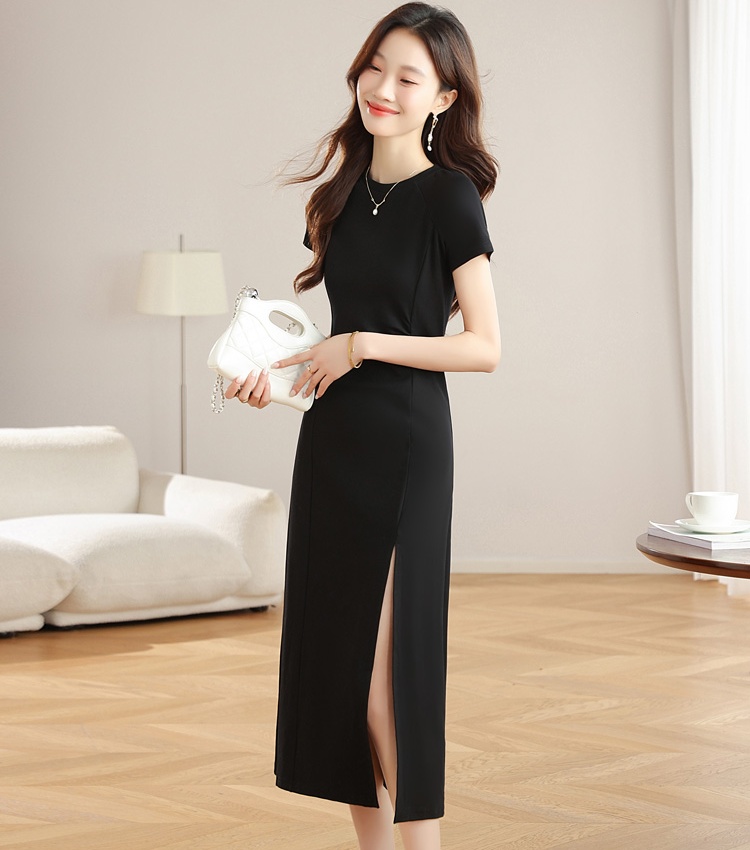 Split temperament dress black slim long dress for women