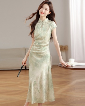 Green summer cheongsam short sleeve long dress for women