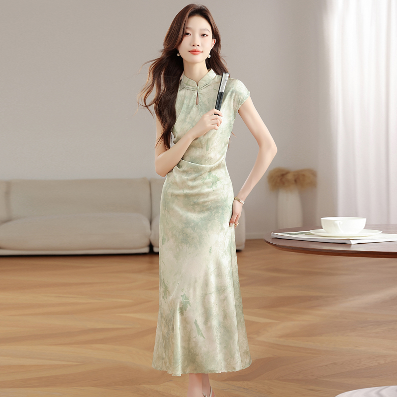 Green summer cheongsam short sleeve long dress for women