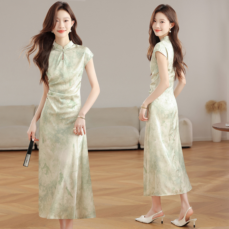 Green summer cheongsam short sleeve long dress for women