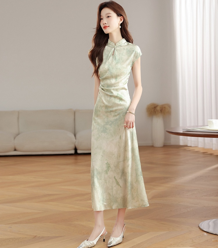 Green summer cheongsam short sleeve long dress for women