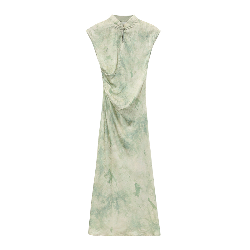 Green summer cheongsam short sleeve long dress for women