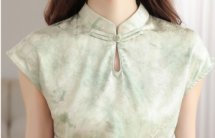 Green summer cheongsam short sleeve long dress for women
