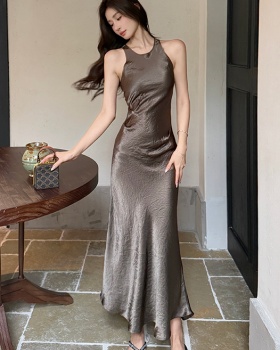 Fold halter dress satin sleeveless long dress