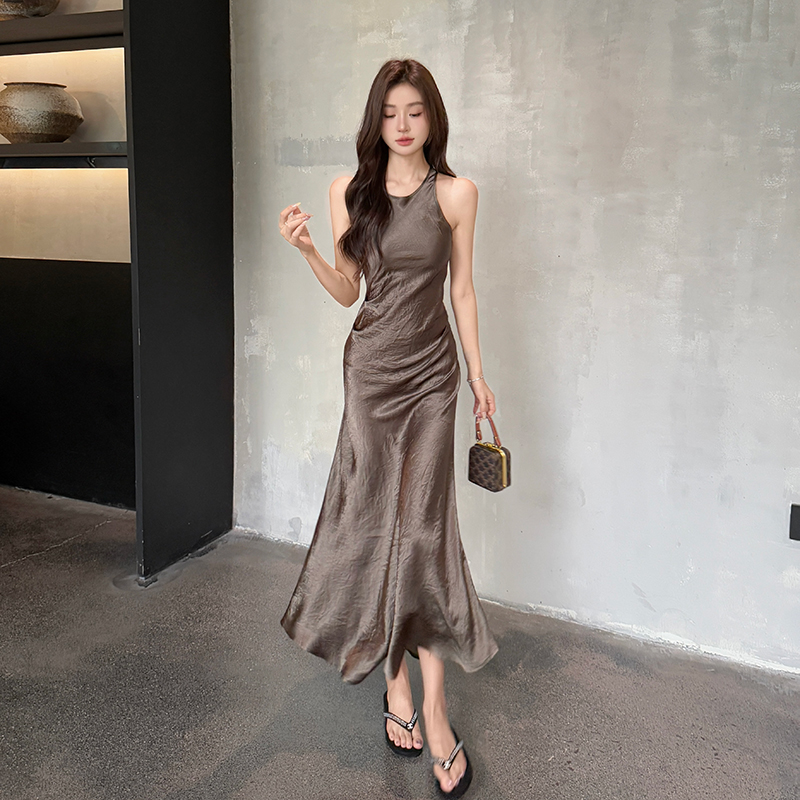 Fold halter dress satin sleeveless long dress