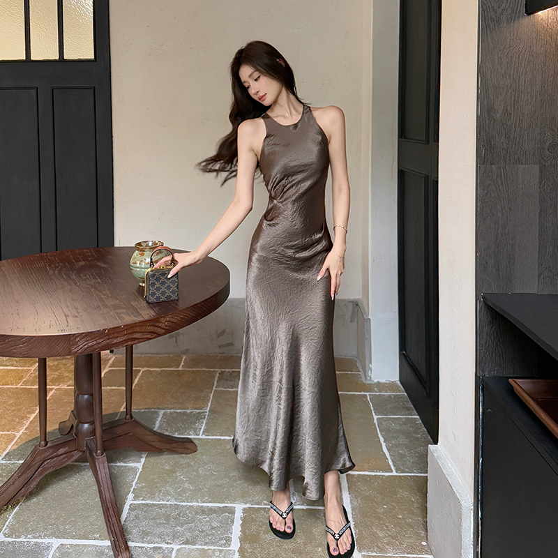 Fold halter dress satin sleeveless long dress