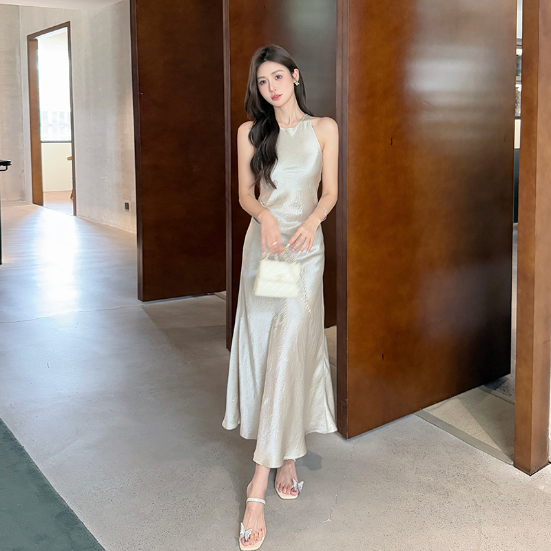 Fold halter dress satin sleeveless long dress