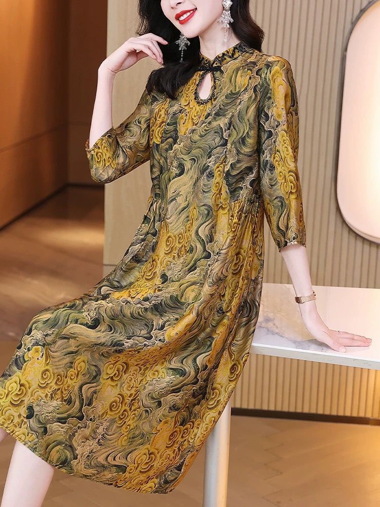 Summer retro temperament silk real silk luxurious dress