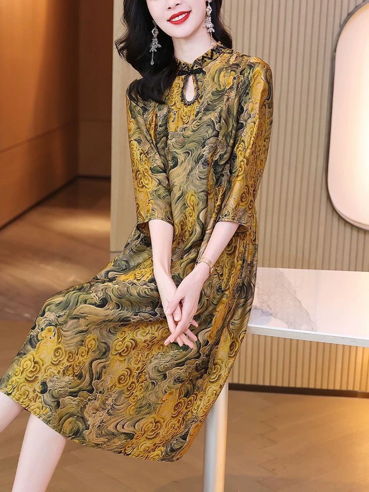 Summer retro temperament silk real silk luxurious dress