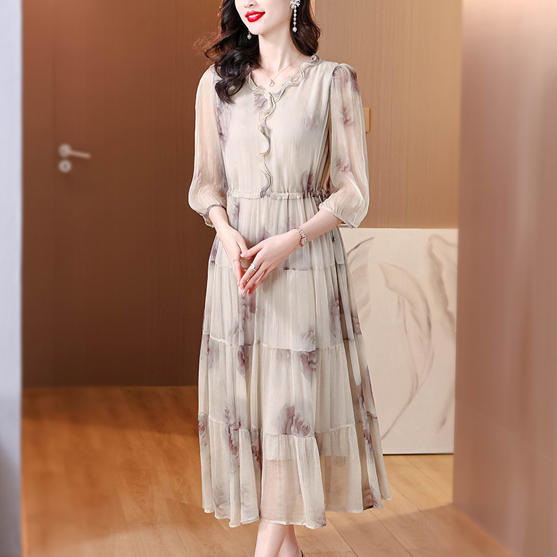 Printing ladies real silk light luxury silk ink dress