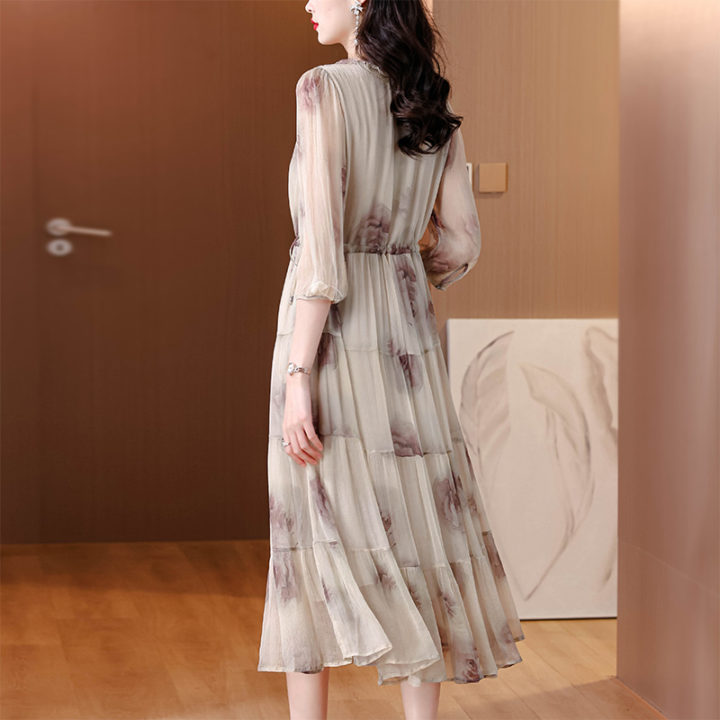 Printing ladies real silk light luxury silk ink dress