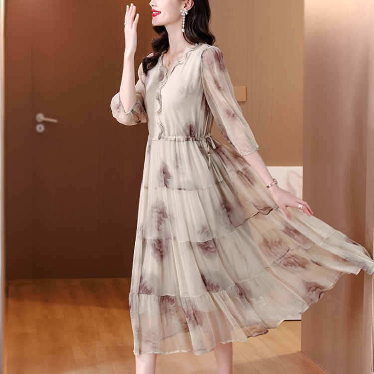 Printing ladies real silk light luxury silk ink dress