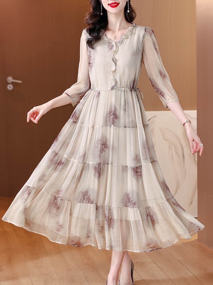 Printing ladies real silk light luxury silk ink dress