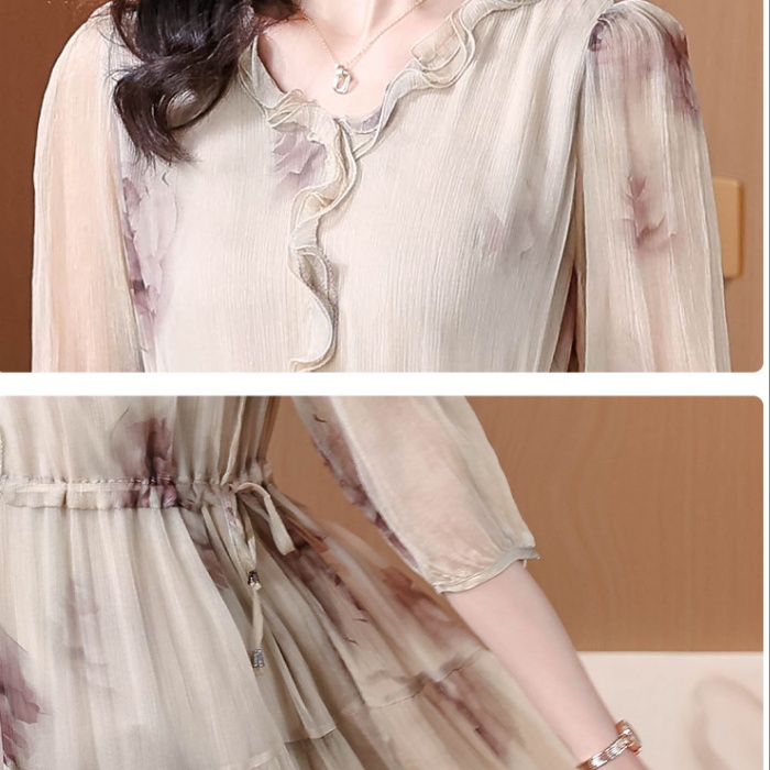 Printing ladies real silk light luxury silk ink dress