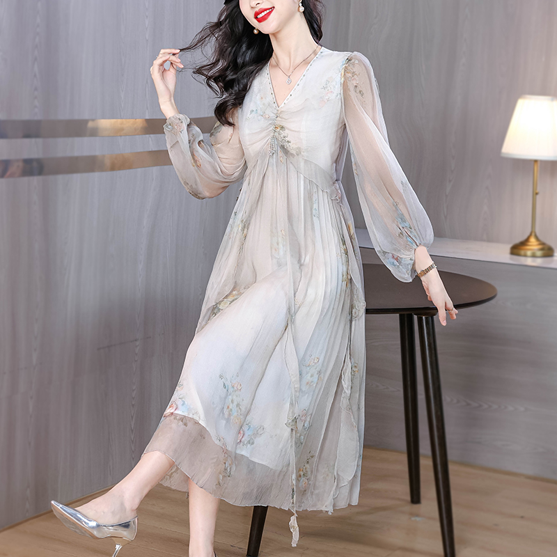 Spring and summer light luxury ladies real silk dress