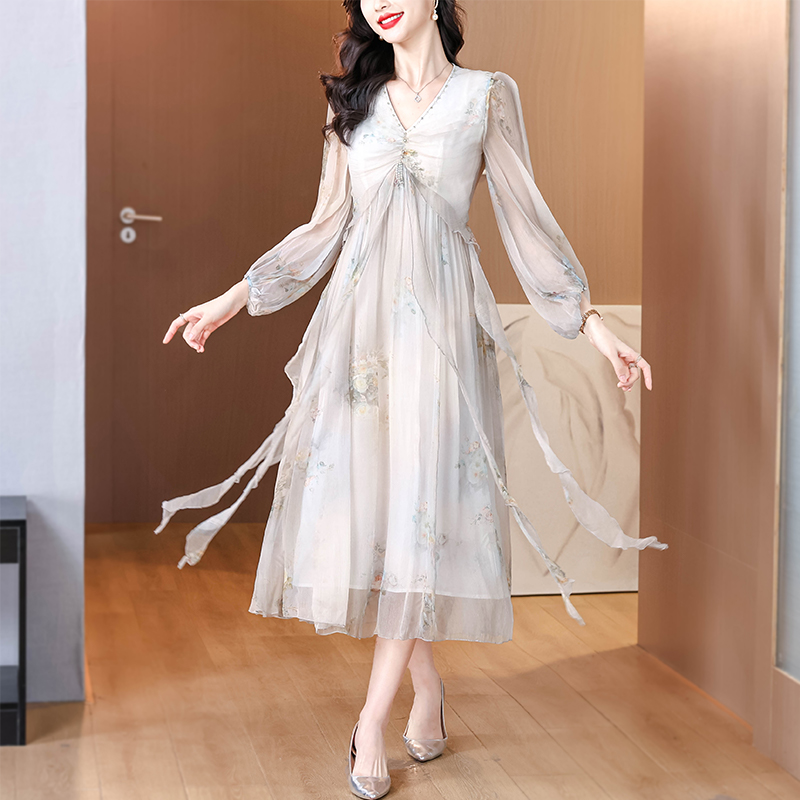Spring and summer light luxury ladies real silk dress
