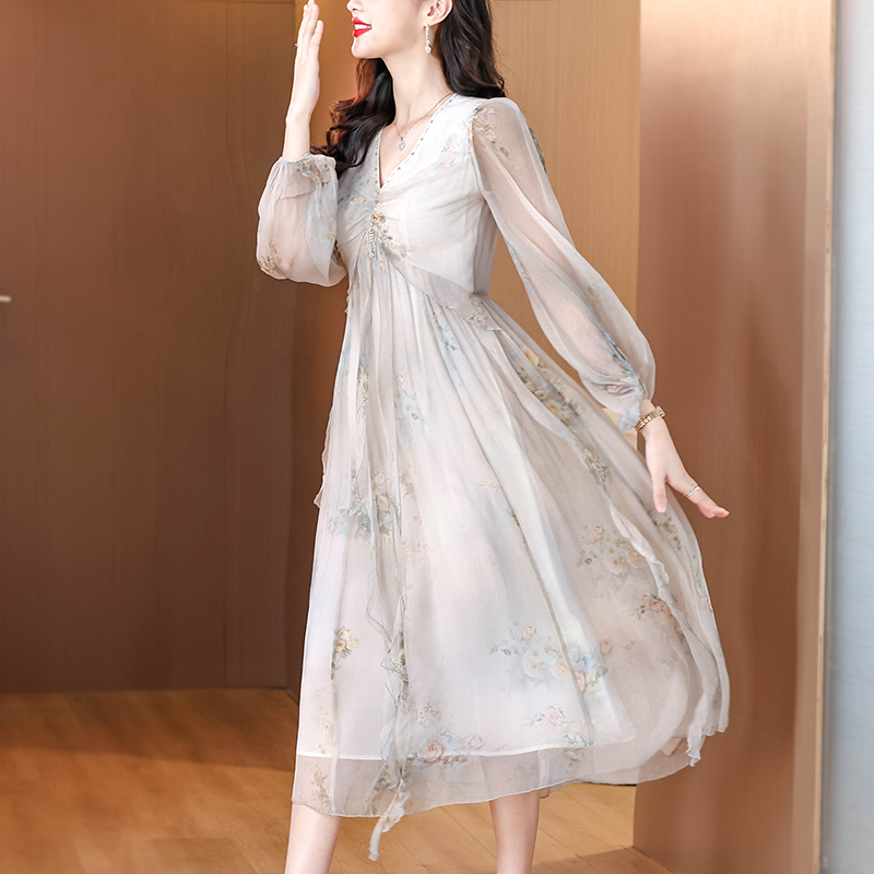 Spring and summer light luxury ladies real silk dress