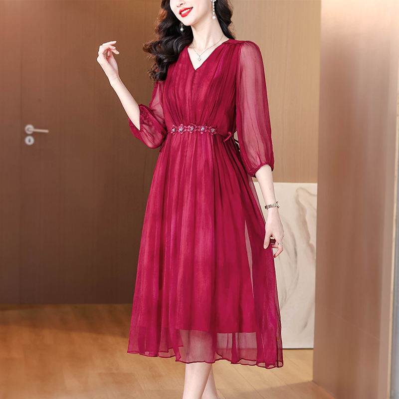 Real silk summer dress temperament red long dress