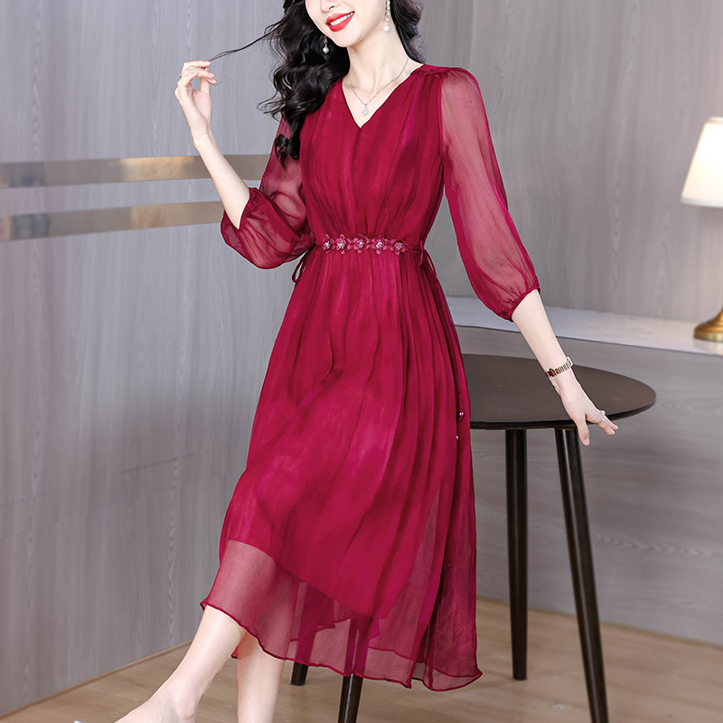 Real silk summer dress temperament red long dress
