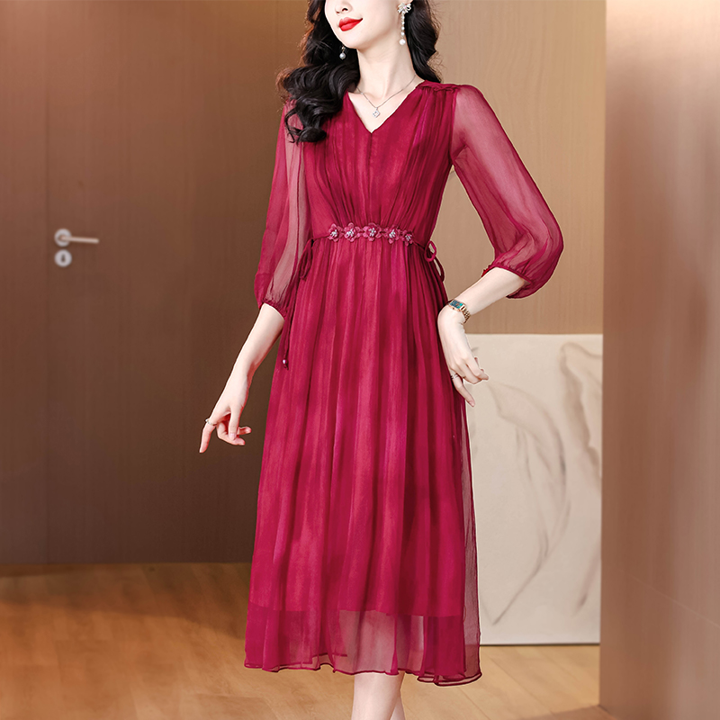 Real silk summer dress temperament red long dress