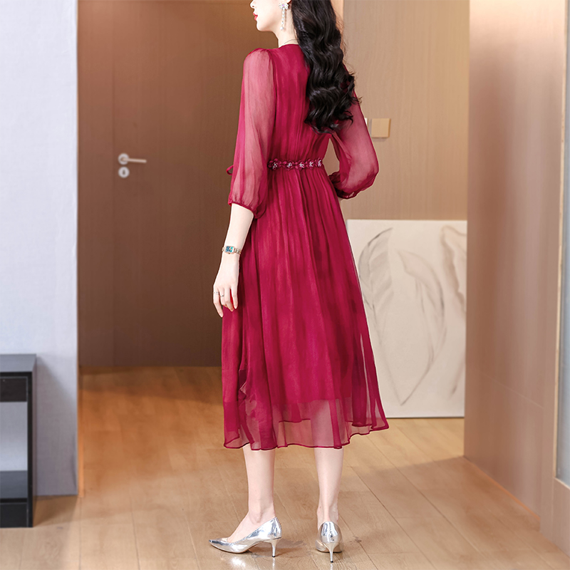 Real silk summer dress temperament red long dress