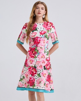 A-line slim summer printing round neck high waist dress