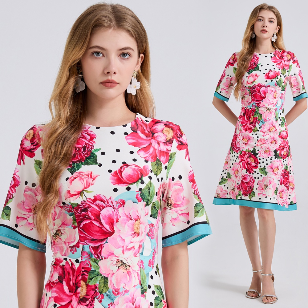 A-line slim summer printing round neck high waist dress