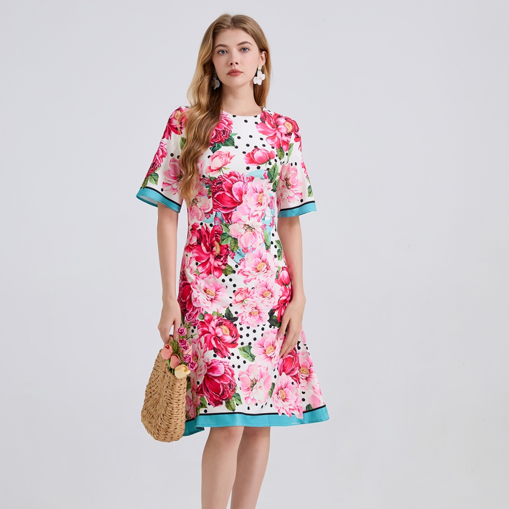 A-line slim summer printing round neck high waist dress