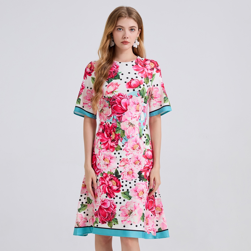 A-line slim summer printing round neck high waist dress