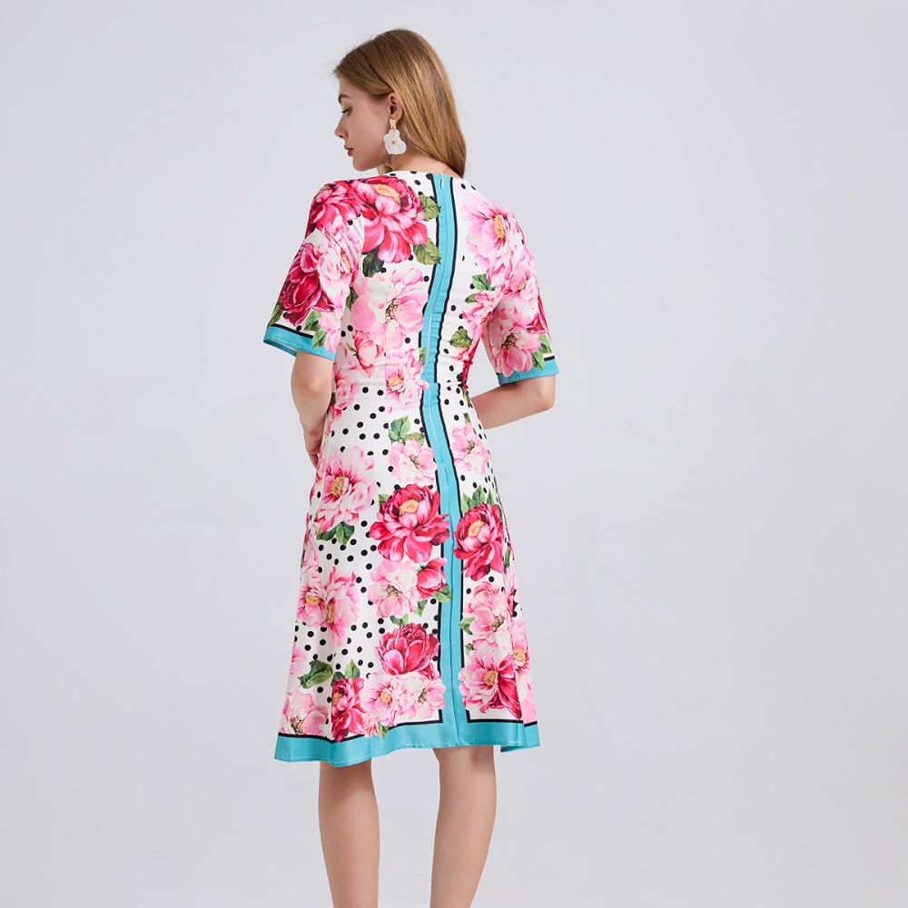 A-line slim summer printing round neck high waist dress