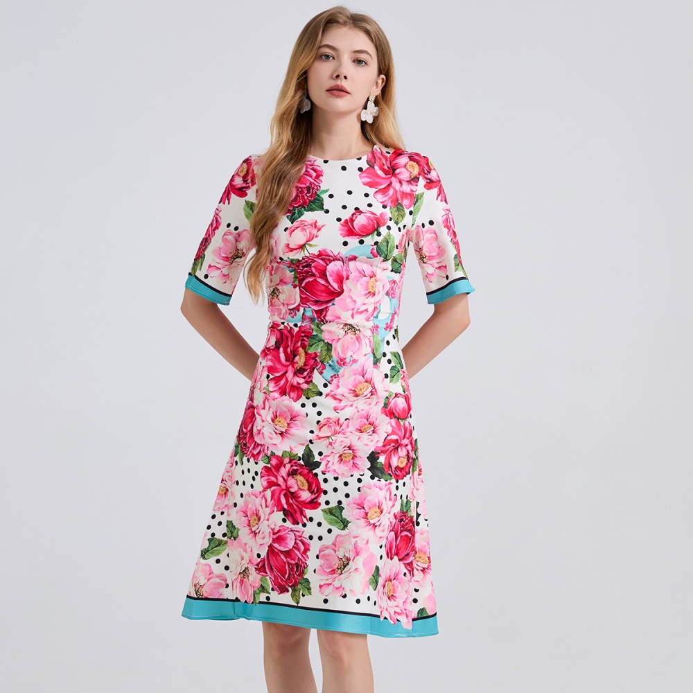 A-line slim summer printing round neck high waist dress