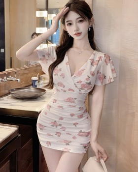 Gauze short package hip printing V-neck sexy dress
