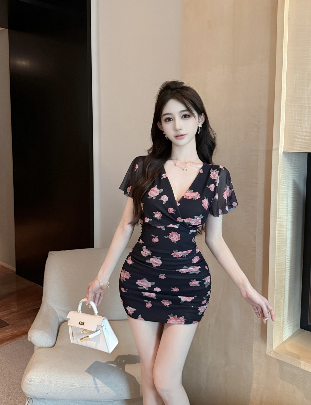 Gauze short package hip printing V-neck sexy dress