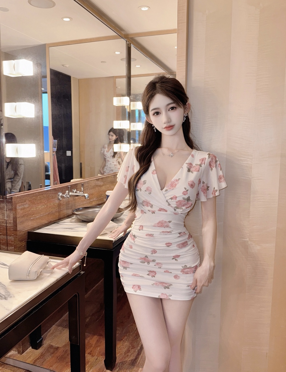 Gauze short package hip printing V-neck sexy dress