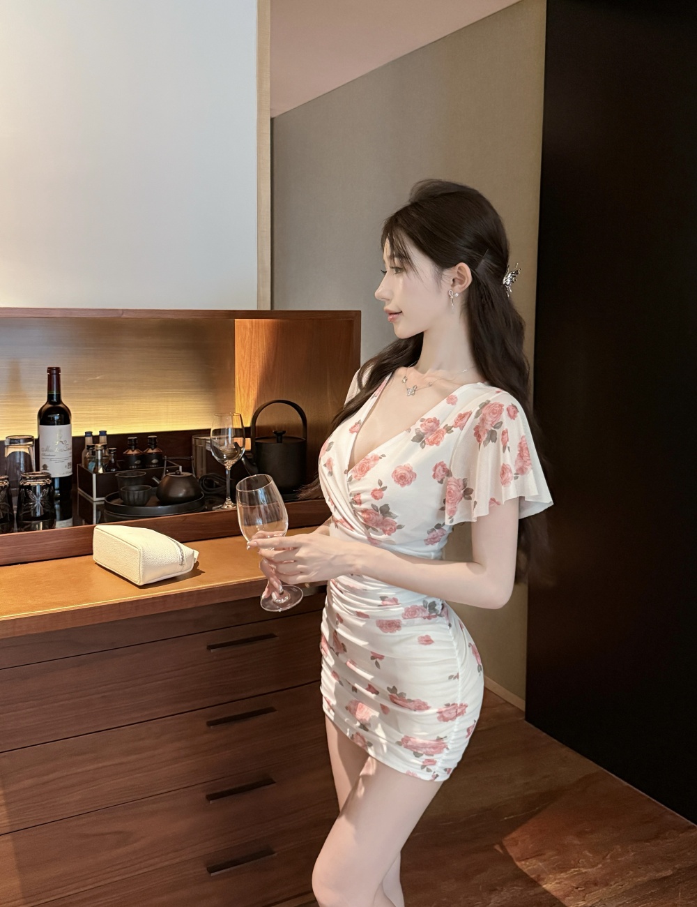 Gauze short package hip printing V-neck sexy dress