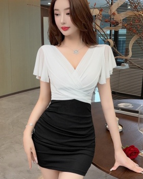 Sexy tight splice bottoming package hip boats sleeve dress