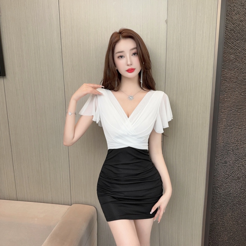 Sexy tight splice bottoming package hip boats sleeve dress