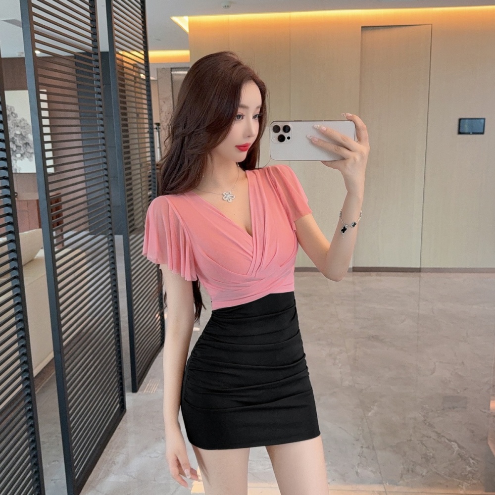 Sexy tight splice bottoming package hip boats sleeve dress