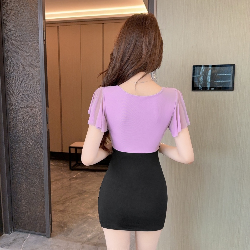 Sexy tight splice bottoming package hip boats sleeve dress