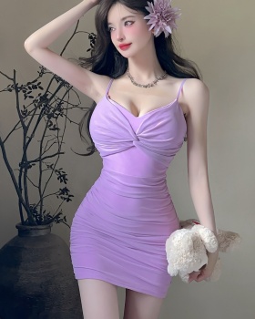 Ladies sexy strap dress clavicle package hip dress