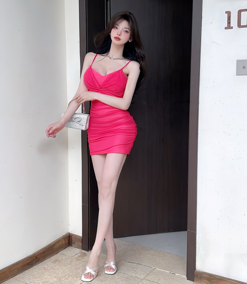 Ladies sexy strap dress clavicle package hip dress