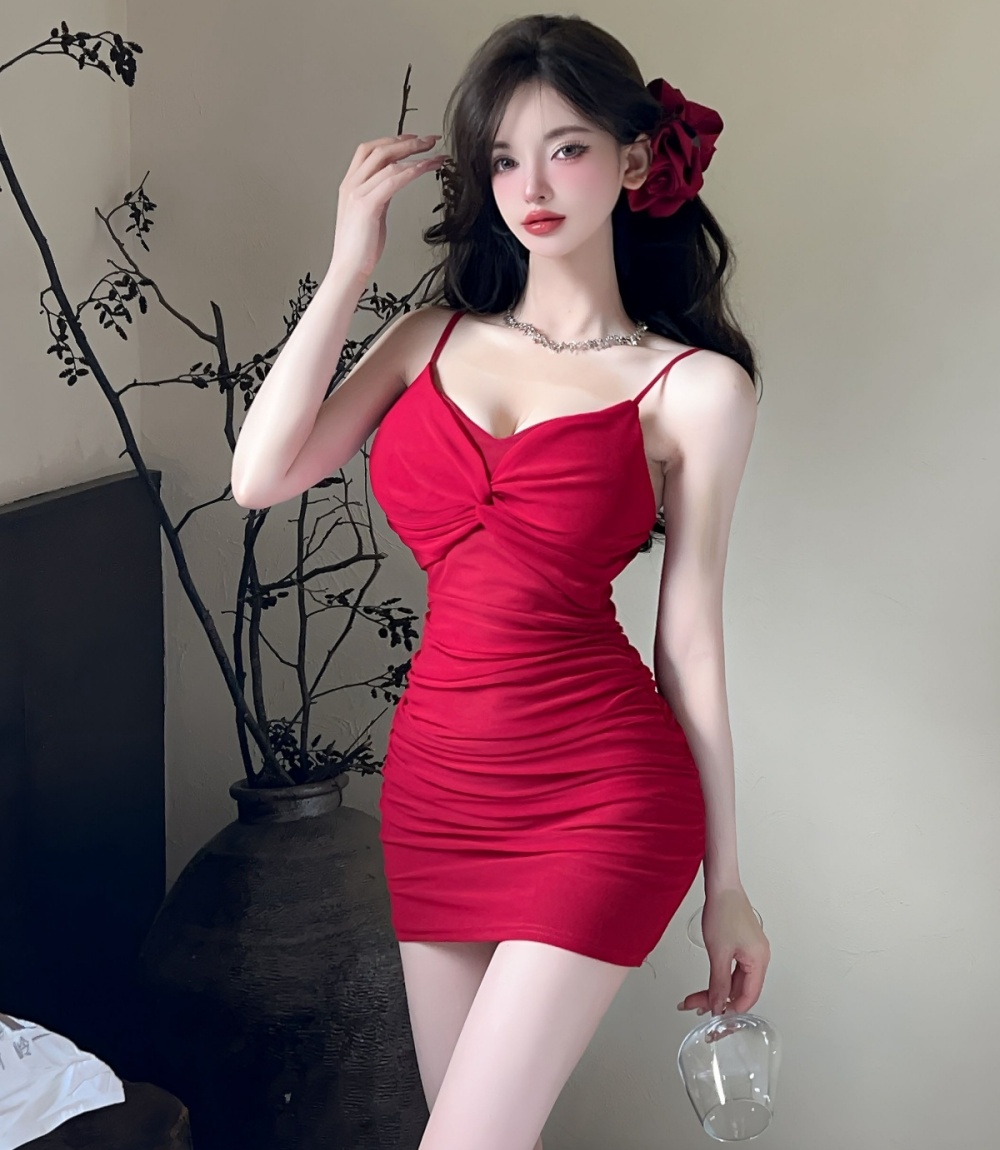 Ladies sexy strap dress clavicle package hip dress
