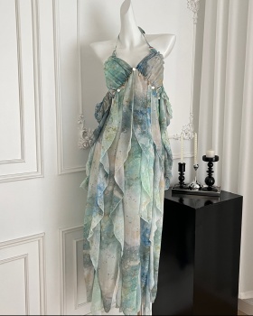 Summer slim printing long dress sling vacation dress