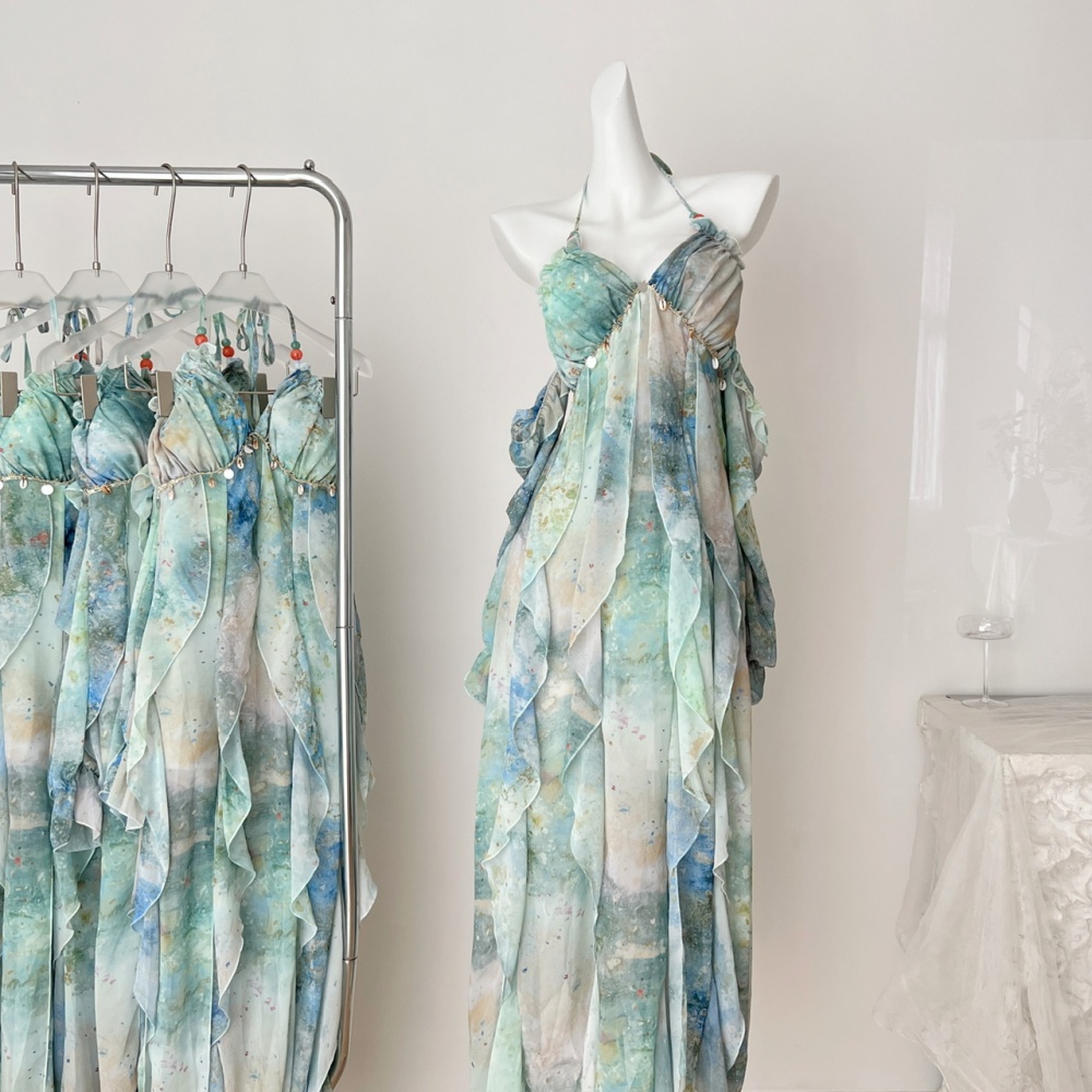 Summer slim printing long dress sling vacation dress