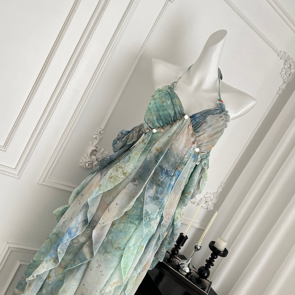 Summer slim printing long dress sling vacation dress