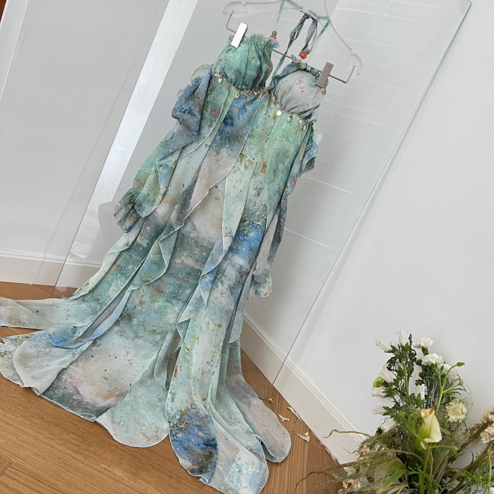 Summer slim printing long dress sling vacation dress