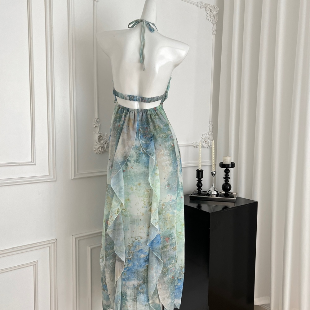 Summer slim printing long dress sling vacation dress