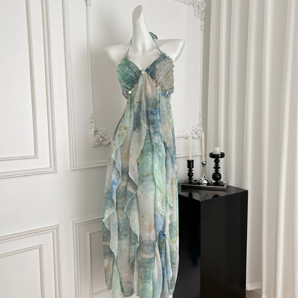 Summer slim printing long dress sling vacation dress